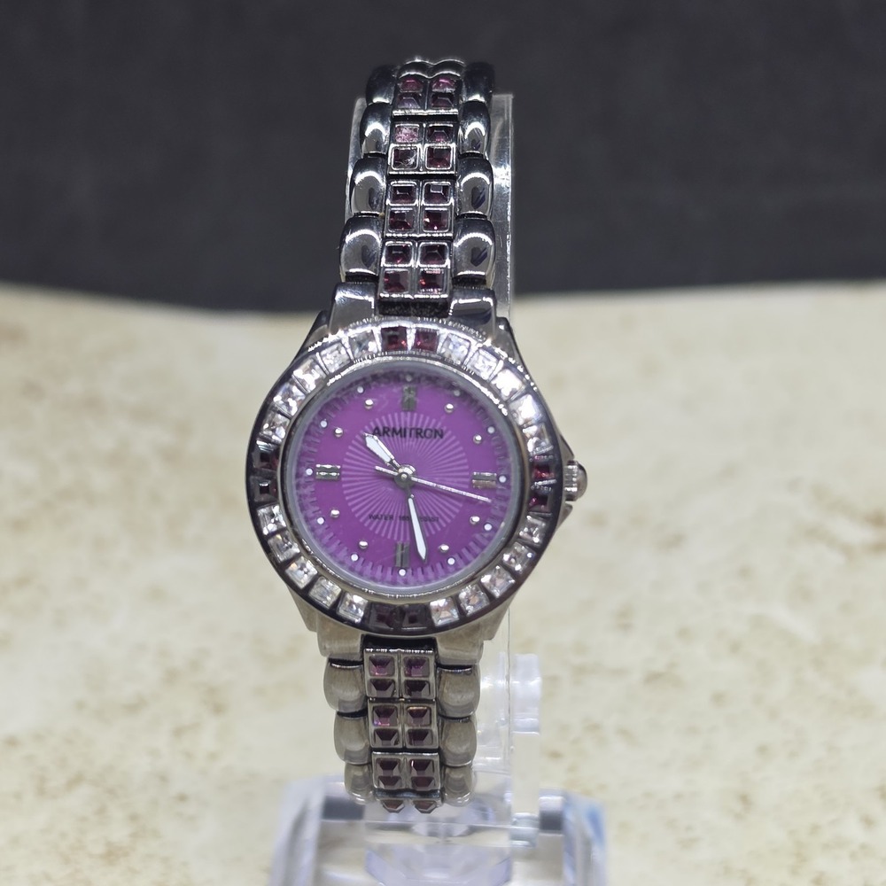 ARMITRON Watch Purple Crystals Silver Tone Bracelet Crystal Bezel Works